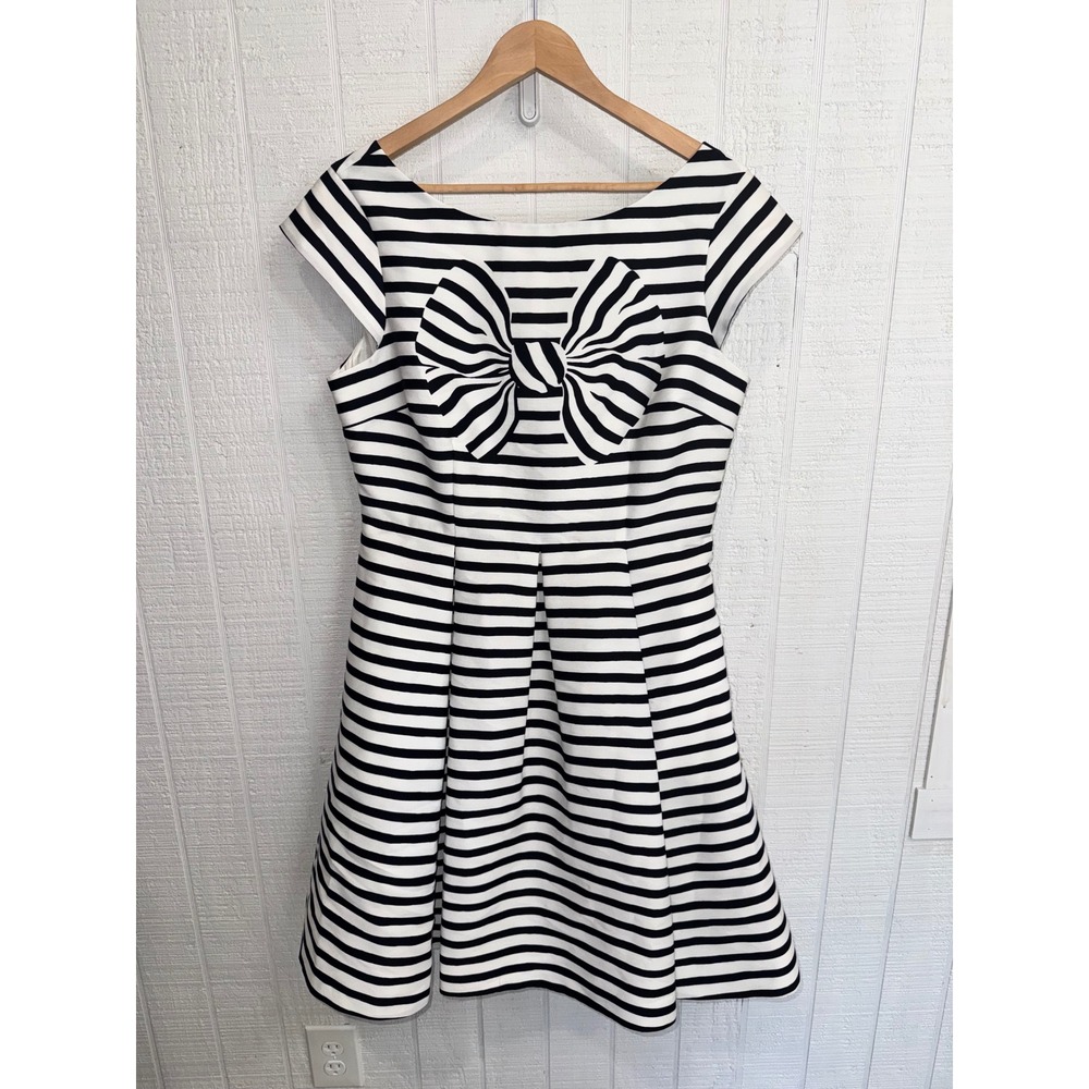 Kate Spade Fit & Flare Dress Women Black White Striped Bow Pockets Size 12